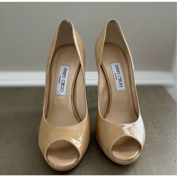Jimmy Choo Sz 40.5 Open Toe Pump Heels Tan Patent Leather Classic Iconic Formal - Picture 5 of 16